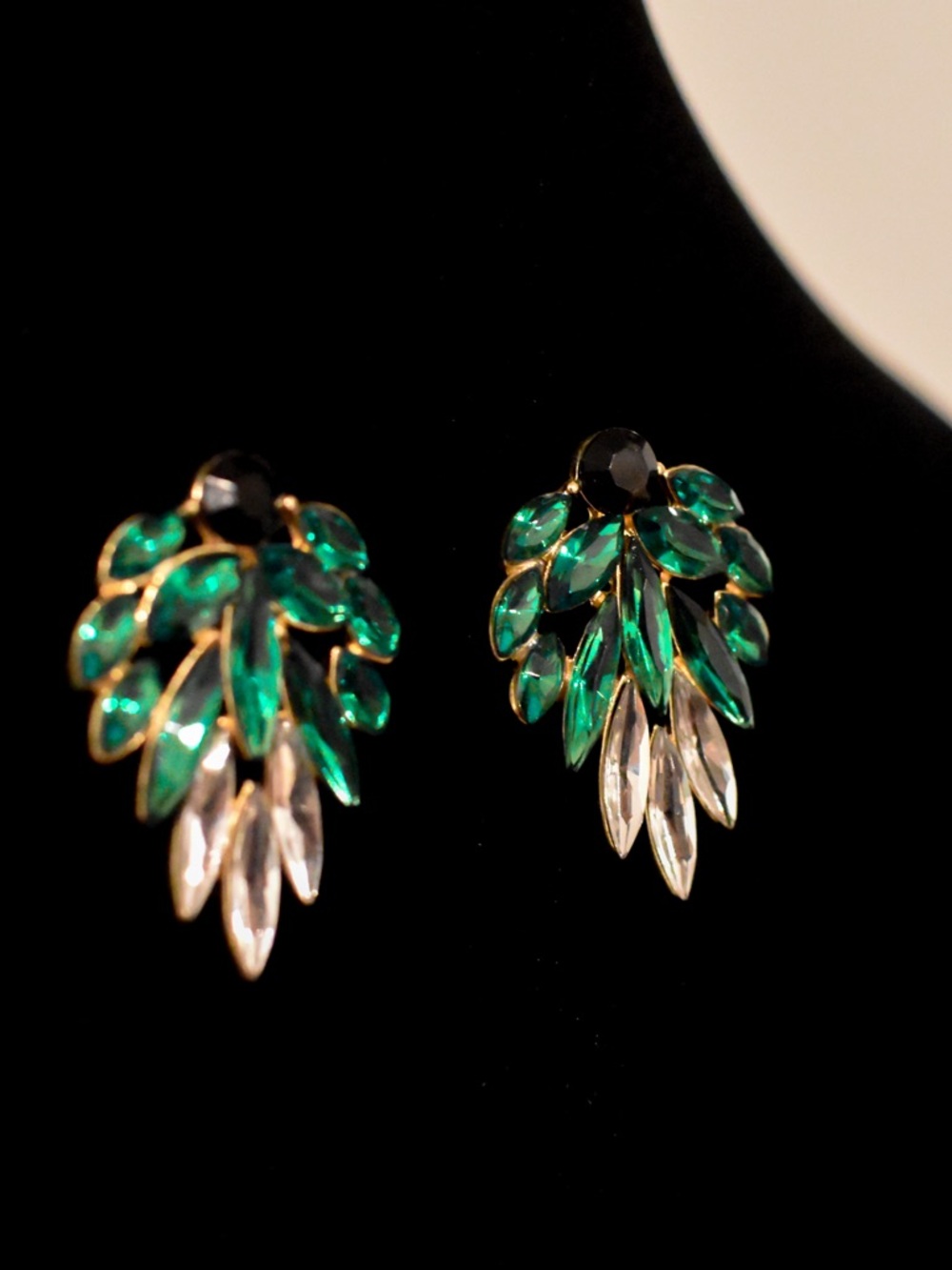 Vintage Green, Black, and White Crystal Navette Cluster Earrings Gold Tone - Picture 2 of 3